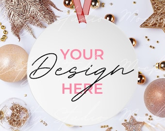 Christmas Ornament Mockup, Printify Christmas Round Ornament Mockup, White Ornament With Rose Gold Background,  Red Ribbon Ornament Mockup