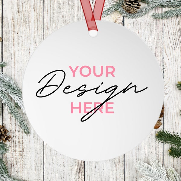 Printify Metal Christmas Ornament Mockup, White Round Aluminium Metal, Ornament,  Red Ribbon Ornament Mockup, Holiday Decoration Mockup, JPG