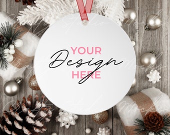 Printify Christmas Round Ornament Mockup, White Round Aluminium Metal Ornament,  Red Ribbon Ornament Mockup, Holiday Decoration Mockup, JPG