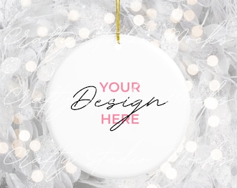 Christmas Ornament Mockup, Printify Christmas Round Ornament Mockup, White Round Ceramic Ornament,  Gold String Ornament Mockup