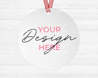 Christmas Ornament Mockup, Printify Christmas Round Ornament Mockup, White Round Ceramic Ornament,  Red String Ornament Mockup