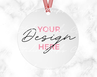 Christmas Ornament Mockup, Printify Christmas Round Ornament Mockup, White Round Aluminium Metal Ornament,  Red Ribbon Ornament Mockup