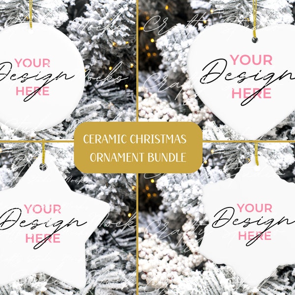 Printify Christmas Ornament Mockup Bundle, 4 x White Heart Star Snowflake Round Ceramic Ornament,  Gold String Ornament Mockup, Holiday, JPG