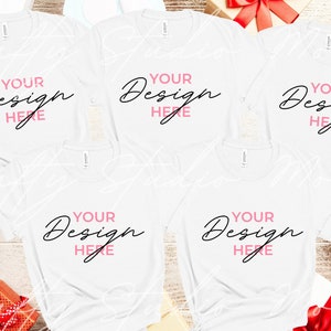 Bella Canvas White Christmas Group Mockup, Group Bella Canvas 3001 Shirt Mockups, Flat Lay Mockups with Five Shirts, Christmas Shirt Mockups