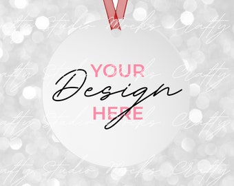 Christmas Ornament Mockup, Christmas Round Ornament Mockup, White Round Aluminium Metal Ornament,  Red Ribbon Ornament Mockup