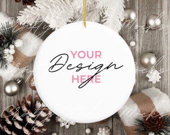 Printify Christmas Round Ornament Mockup, White Round Ceramic Ornament,  Gold String Ornament Mockup, Holiday Decoration Mockup, JPG