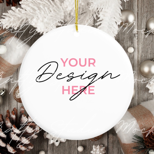 Printify Christmas Round Ornament Mockup, White Round Ceramic Ornament,  Gold String Ornament Mockup, Holiday Decoration Mockup, JPG