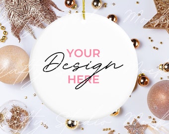 Christmas Ornament Mockup, Printify Christmas Round Ornament Mockup,  Gold String Ornament Mockup, Rose Gold Background Ornament Mockup