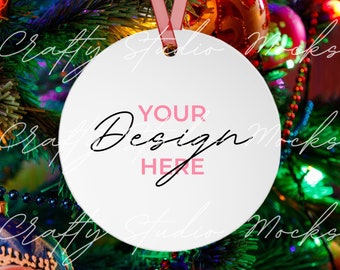 Christmas Ornament Mockup, Printify Christmas Round Ornament Mockup, White Round Ceramic Ornament,  Red String Ornament Mockup,