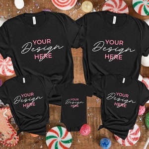 Bella Canvas Christmas Family Mockup, Black Bella Canvas 3001 T-shirt Mockups, Flat Lay Mockups with Five Shirts, Christmas Shirt Mockups