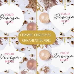 Printify Christmas Ornament Mockup Bundle, 4 x White Heart Star Snowflake Round Ceramic Ornament,  Gold String Ornament Mockup, Rose Gold