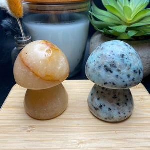 Golden Healer and Jasper Chunky Crystal Mushroom 2PC Set. 12oz Golden Healer Quartz and Kiwi Jasper Crystal Mushroom Carving Set.