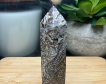 May include: A brown and white striped crystal point with a pointed tip. The crystal is sitting on a wooden surface.