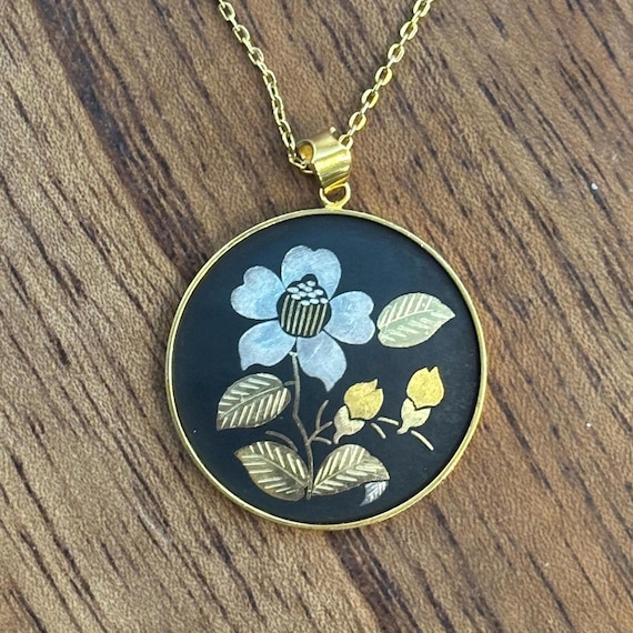 Vintage Amita Damascene Floral Pendant Necklace