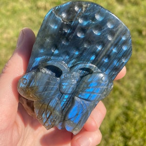 Labradorite Butterfly on Strawberry Skin Crystal Carving. 5oz Natural Blue Flash Labradorite Crystal Butterfly on Strawberry Skin Crystal
