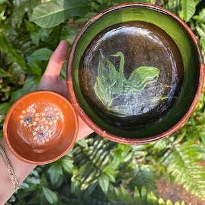 Vintage Mexican Redware Bowl Set with Swan and Floral Detailing Two Terracotta Bowl Folk Art Set