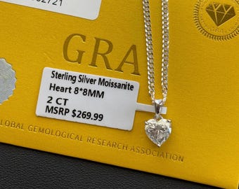Moissanite 2Ct Heart Pendant GRA Certified and Italian 925 Silver Cuban Flat Link 18inch Chain Set