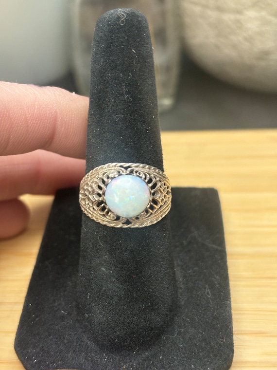 Silver and Lab Created Opal Vintage Filagree Ring.