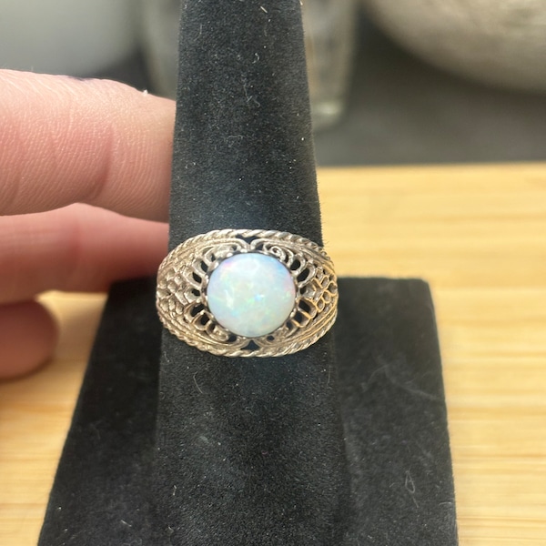 Silver and Lab Created Opal Vintage Filagree Ring. Alternative Engagement Ring Silver and Lab Opal Vintage Ring Size 5.5