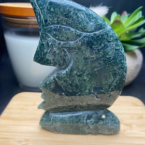 Moss Agate Moon Face Carving Large. 4in Natural Green Moss Agate Crystal Moon Head Carving