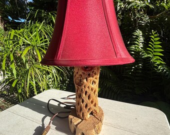 Mid Century Cholla Cactus Small Table Lamp and Red Shade