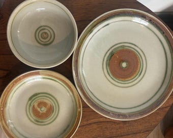 Vintage Iron Mountain Whispering Pines Stoneware Dinner Plates, Side Plates and Bowls
