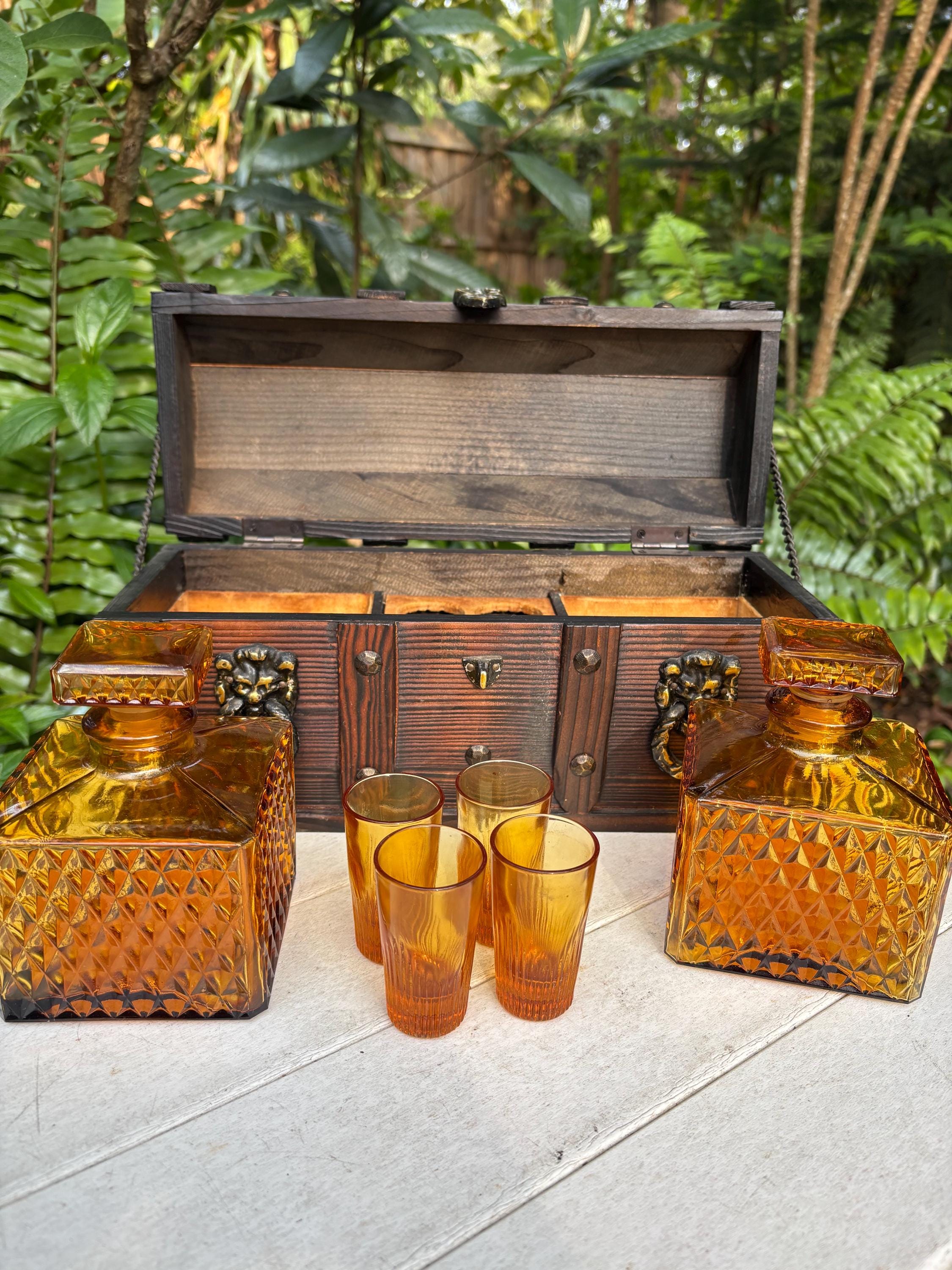 1970s Treasure Chest Amber Glass Liquor Decanter and Shot