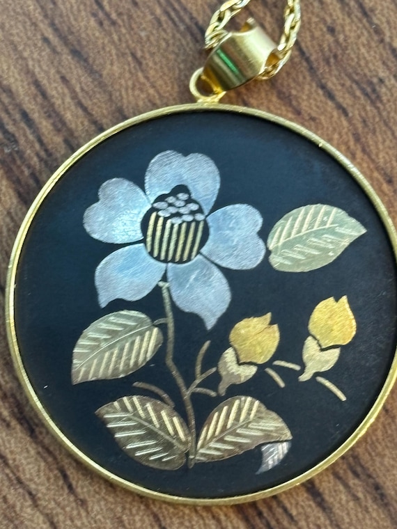 Vintage Amita Damascene Floral Pendant Necklace View 3
