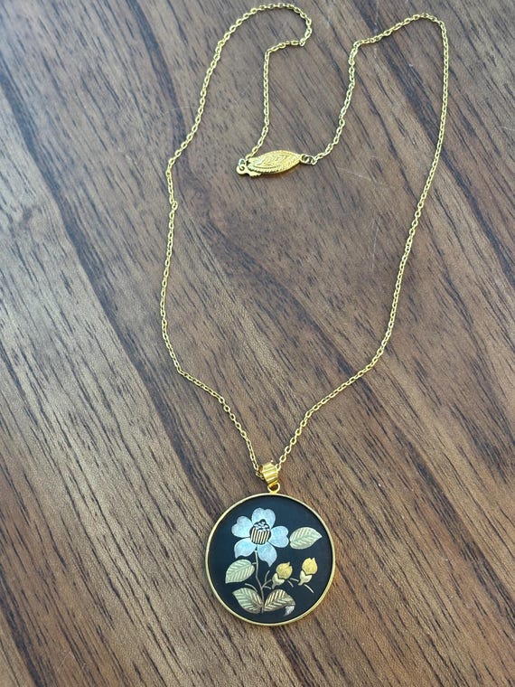 Vintage Amita Damascene Floral Pendant Necklace View 2