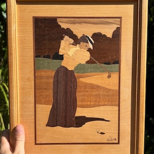 Vintage Wood Inlay Woman Golfing Handmade by Hudson River Inlay Framed and Signed by Artist Wall Decor