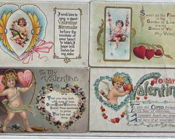 Antique Cherub Valentine Postcard Set: 1900s Lithograph Cards