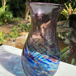 Vintage Mexican Purple Confetti Glass Hand Blown 9inch Vase