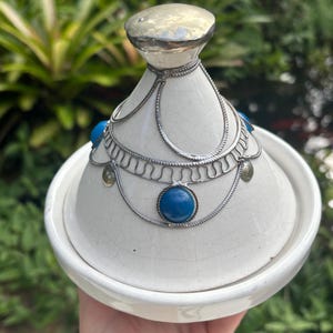 Vintage Moroccan Tajine Dish with White Glazing and Silver and Blue Accents. Vintage Hummus Dish