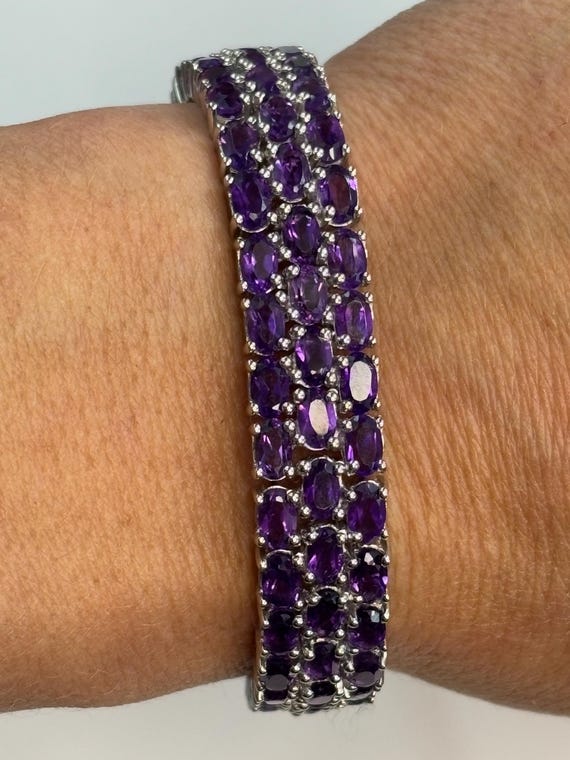 Amethyst Oval Cut 18Ct Three Row Tennis Bracelet in 925 Silver, 7inches