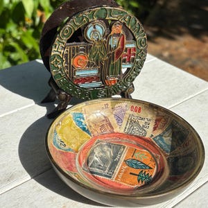 Vintage Brass Israeli Stamp Bowl & Enamel Paper Holder: Holy Land Collectibles