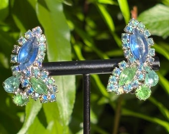 Vintage Weiss Blue and Green Rhinestone Clip on Designer Earrings