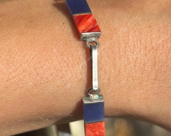 Antique Red Coral and Lapis Lazuli Inlay and Silver Link Style Native American Style Bracelet