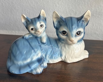 Vintage Blue Cat Mama and Baby Porcelain Made by Royal Orleans Japan