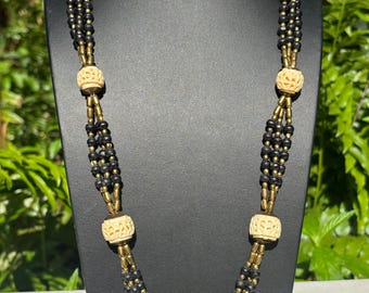 Vintage Carved Detailed Animal Bone and Brass Bead Multi-Strand Long Necklace