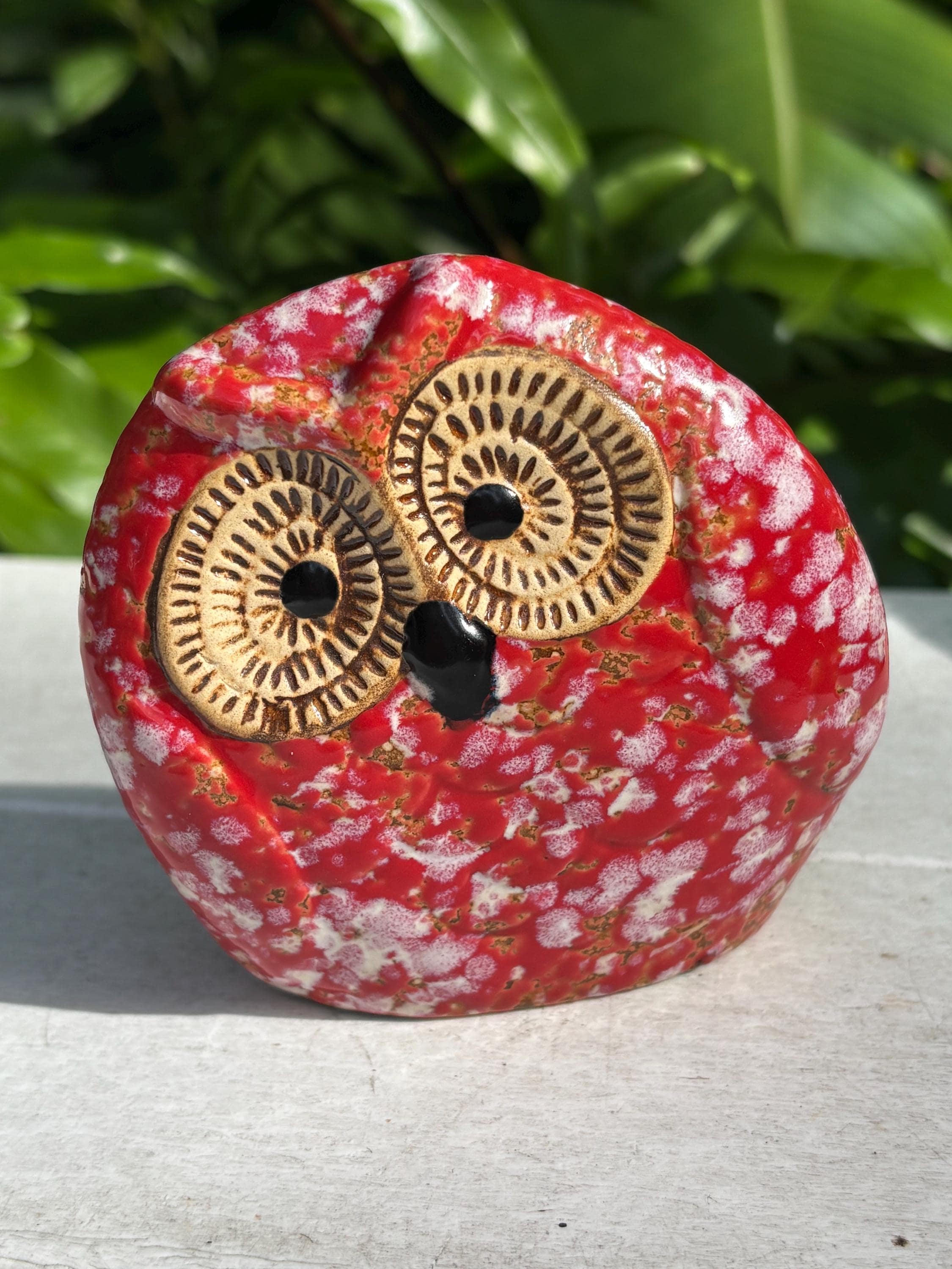 Vintage Small Owl Ceramic Red Splatter Decor Figure