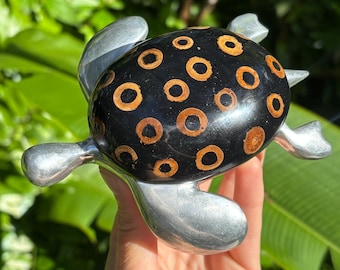 Vintage Aluminum and Resin Turtle with Round Wood Detailing Paperweight Decor