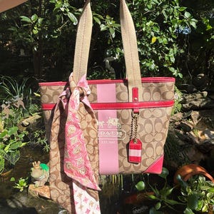 Vintage COACH Pink Heritage Stripe Tote Style Bag With Two COACH 