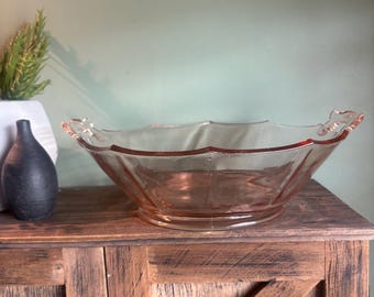 Pink Depression Glass 10inch Handled Scalloped Serving Bowl Vintage 1940s