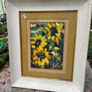 1960s Sunflower Painting: Shabby Chic Recycled Wood Frame, Signed