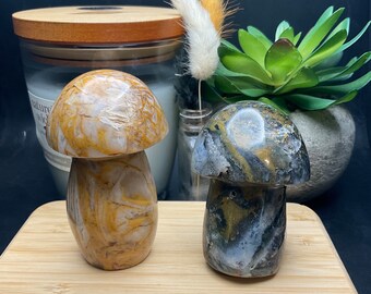 Ocean Jasper and Golden Healer Crystal 2PC Mushroom Set. 13.5oz Natural Crystal Ocean Jasper and Golden Healer Quartz LG Mushroom Set