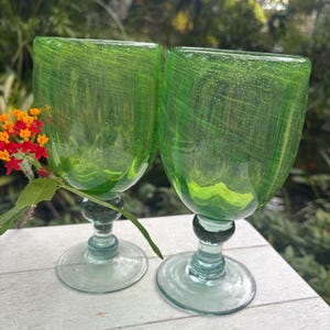 Handblown Light Green Seeded Glass Goblets Made in Mexico. Vintage Lime Green Glass Goblets Set of 2