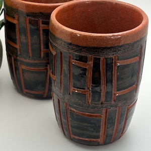 Hal Lasky Puerto Rican Studio Pottery Red and Black Geometric Mid Century Tumblers 2PCS Set