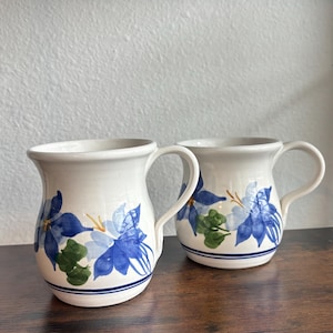 Vintage White and Blue Floral Potbelly Mugs Made by Wild Hare Pottery South Carolina