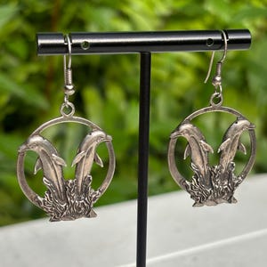 Vintage Jumping Dolphins Sterling Silver Flat Hoop Style Dangle Earrings