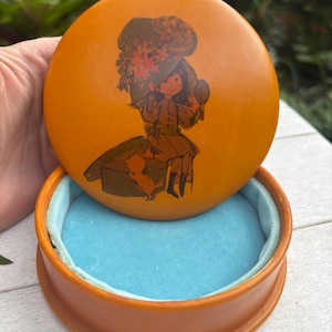 1960s Girl with Cat Round Resin and Velvet Lined Cottagecore Trinket Box